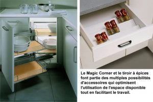 Le Magic corner et le tiroir à épices font partie des multiples possibilités d'accessoires qui optimisent l'utilisation de l'espace disponible tout en facilitant le travail