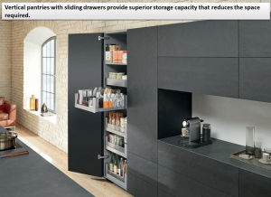 Vertical pantries with sliding drawers provide superior storage capacity that reduces the space required.
