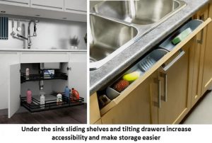 Under the sink sliding shelves and tilting drawers increase accessibility and make storage easier