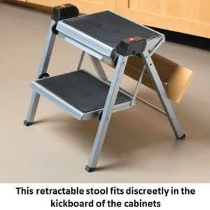 Retractable stool fits discreetly in the kickboard of the cabinets