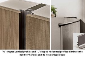 "U" shaped vertical profiles and "L" shaped horizontal profiles eliminate the need for handles
